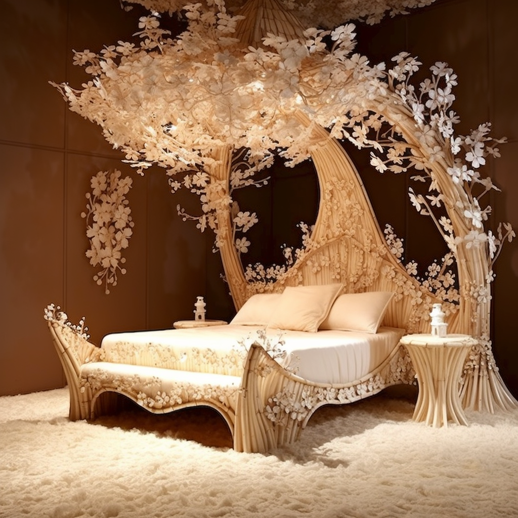 A fantasy bedroom with a bed made out of paper.