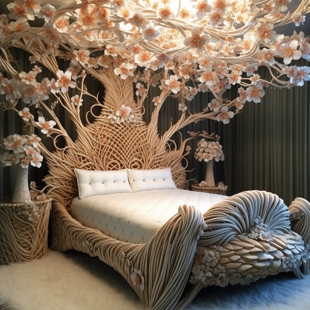 A bed with a dreamy design featuring a tree made out of branches.