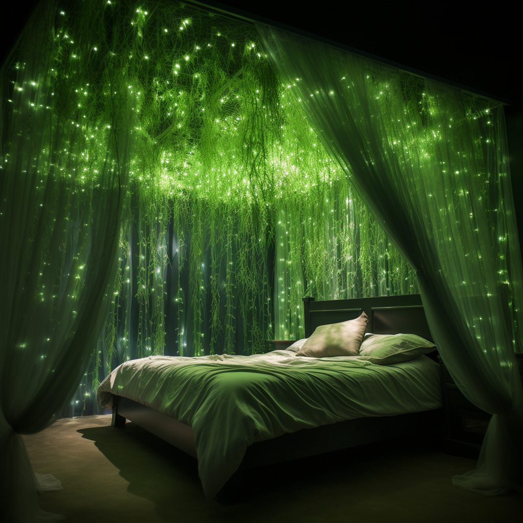 A dreamy bed covered in green lights, awakening imagination and creating a fantasy-like design.