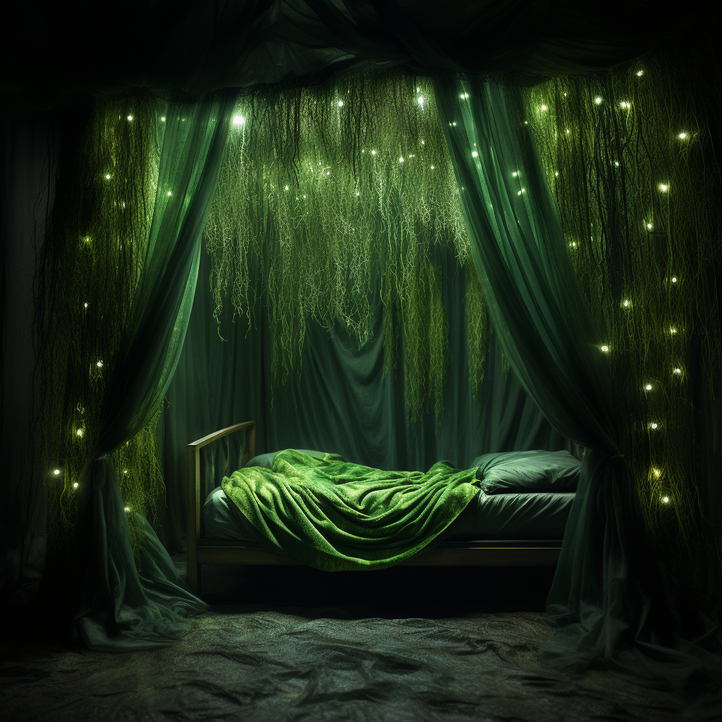 A fantasy bed with green curtains and dreamy lights, awakening imagination.
