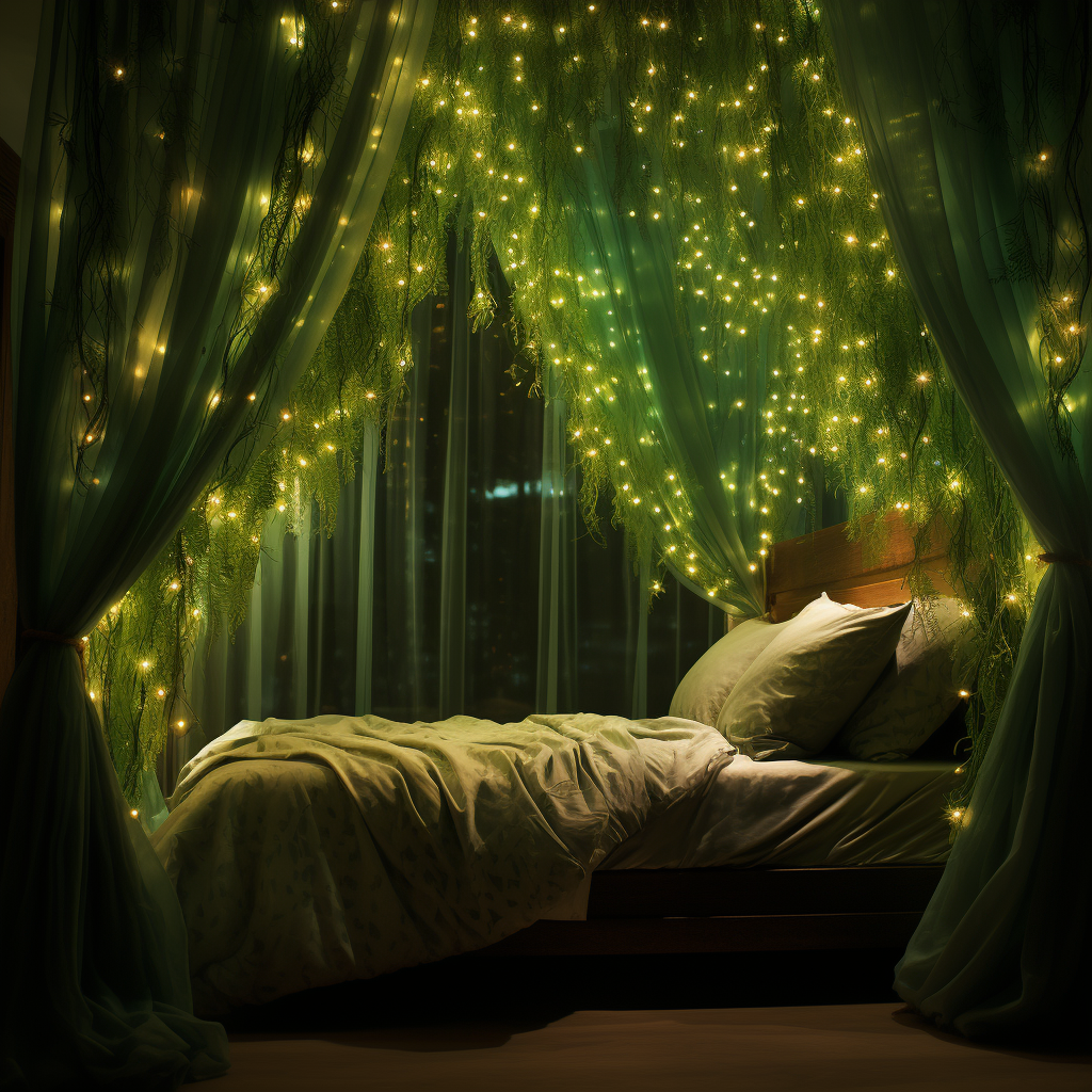 Immerse yourself in a dreamy oasis with a bed adorned in luxurious green curtains and enchanting lights, awakening your imagination and inviting you into a world of fantasy.