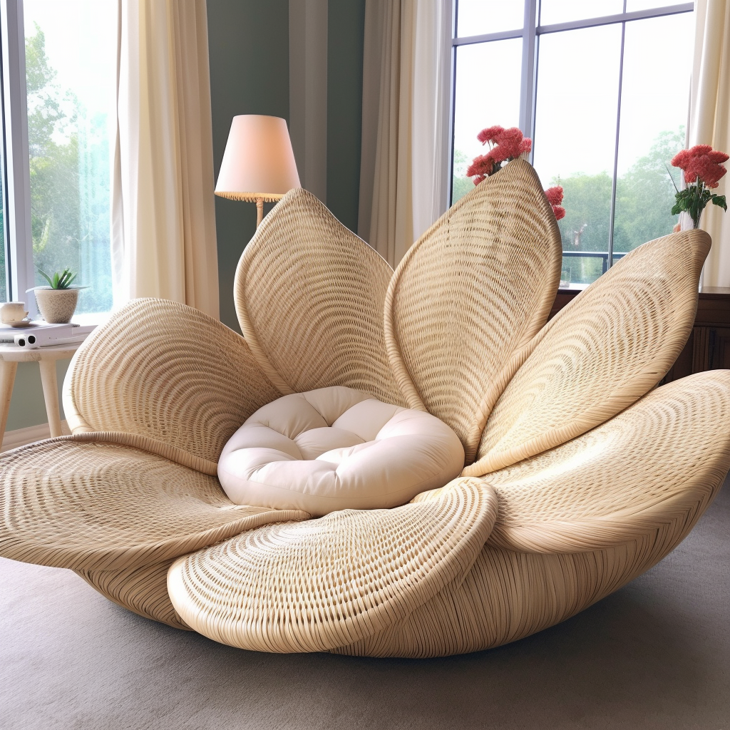 A dreamy wicker flower chair in a living room.