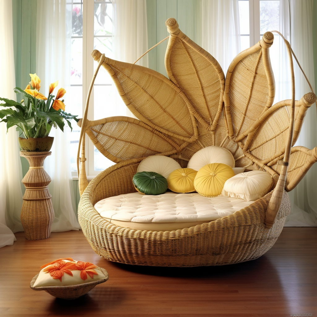 A rattan chair with dreamy pillows in a room, awakening imagination.
