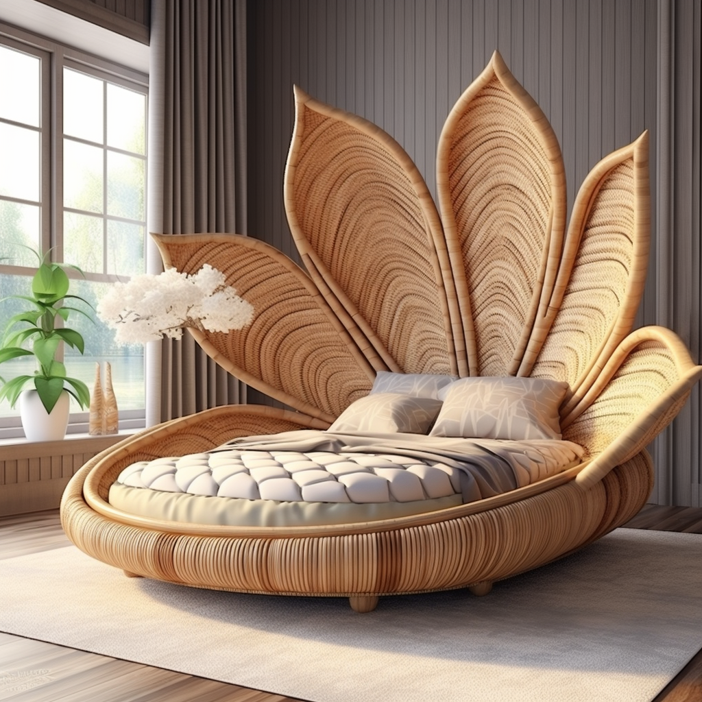 A dreamy wooden bed with a flower on it, awakening imagination.