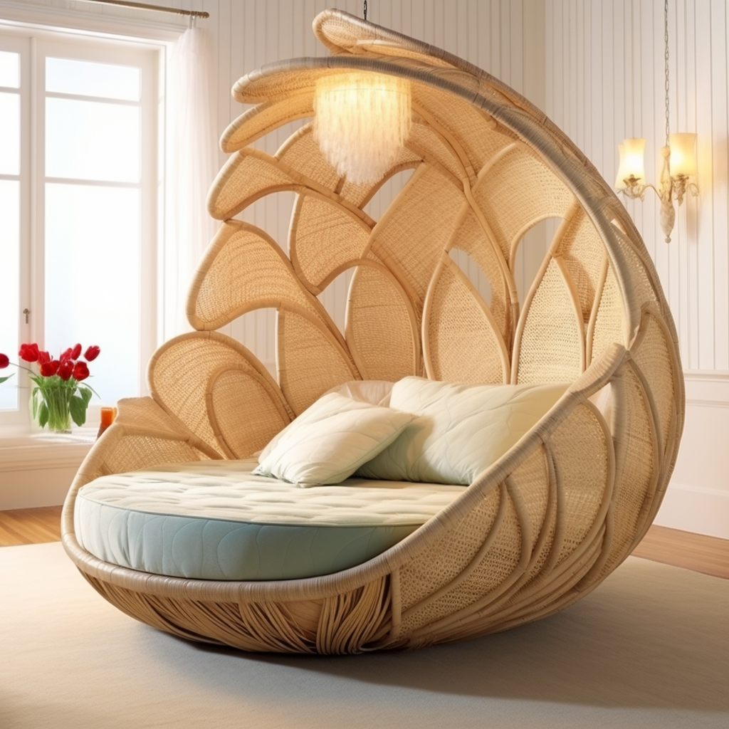 A room with a rattan bed that exudes dreamy design and a lamp that sparks imagination.