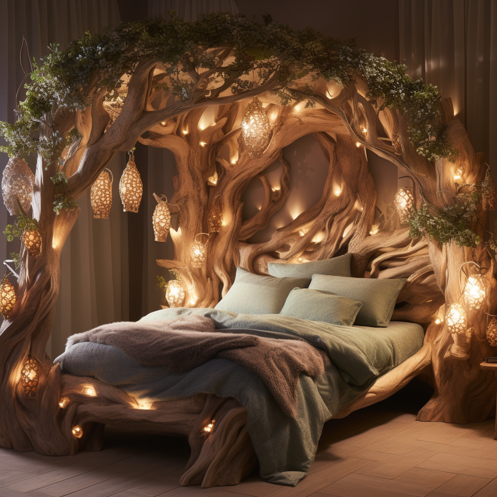 A dreamy bed made out of tree trunks and lights, perfect for awakening imagination.
