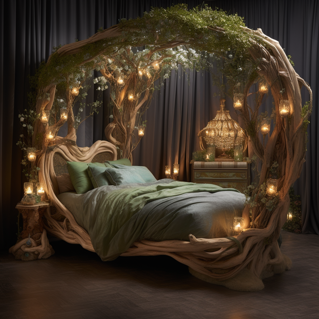 A dreamy bed made out of branches and lit up with candles, creating an awakening imagination for a fantasy-like design.