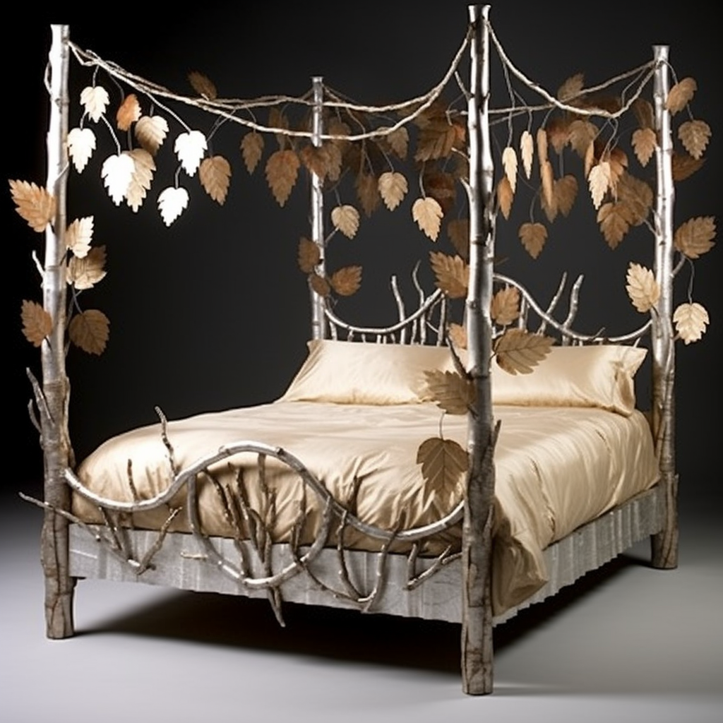 A fantasy bed with leaves hanging from it, awakening imagination.