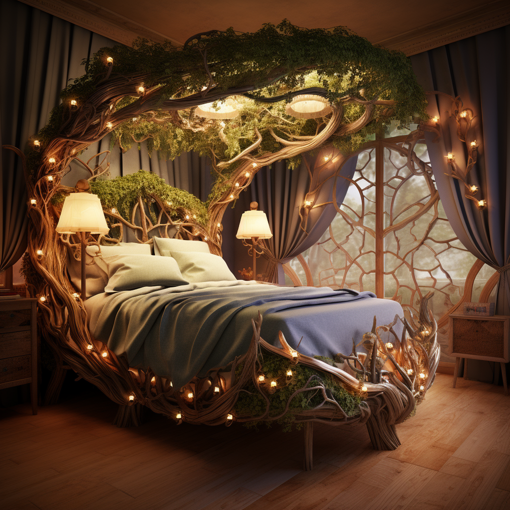A dreamy design bed made out of branches and lights, awakening imagination.
