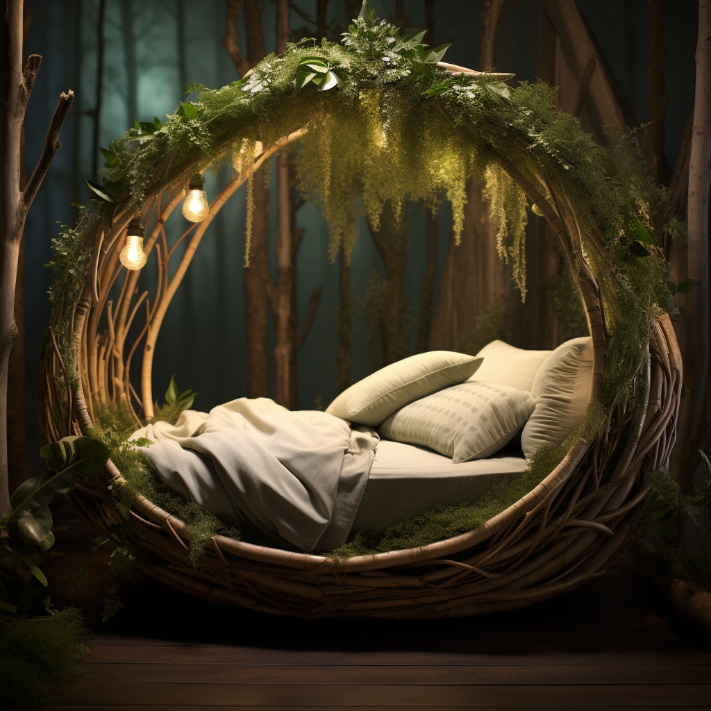 A dreamy bed made out of branches in a fantasy forest.