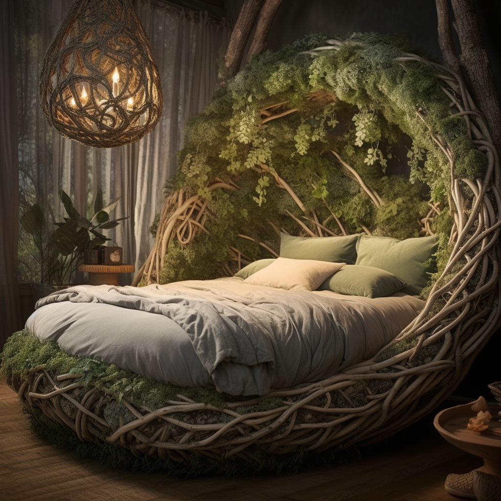 A dreamy bedroom with a bed made out of branches and moss.