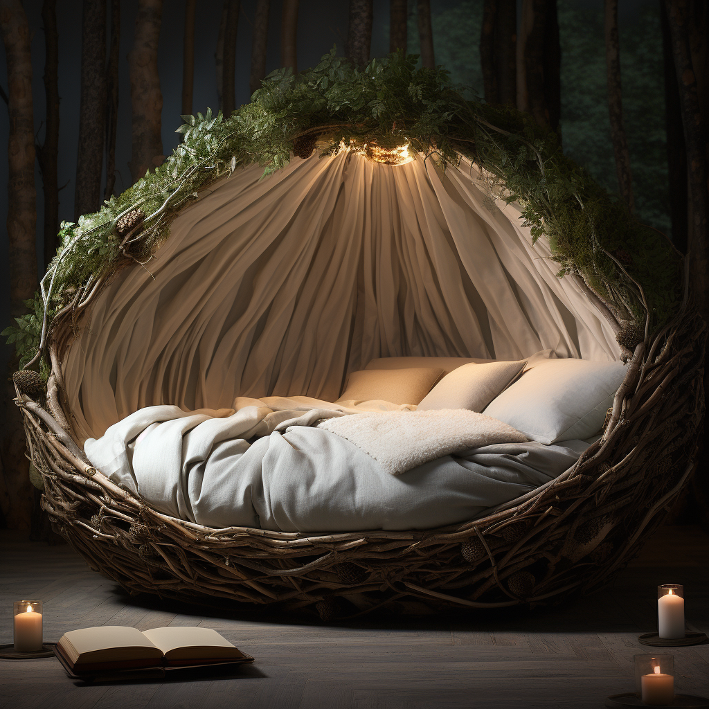 A dreamy bed made out of branches in a wooded area, awakening imagination.