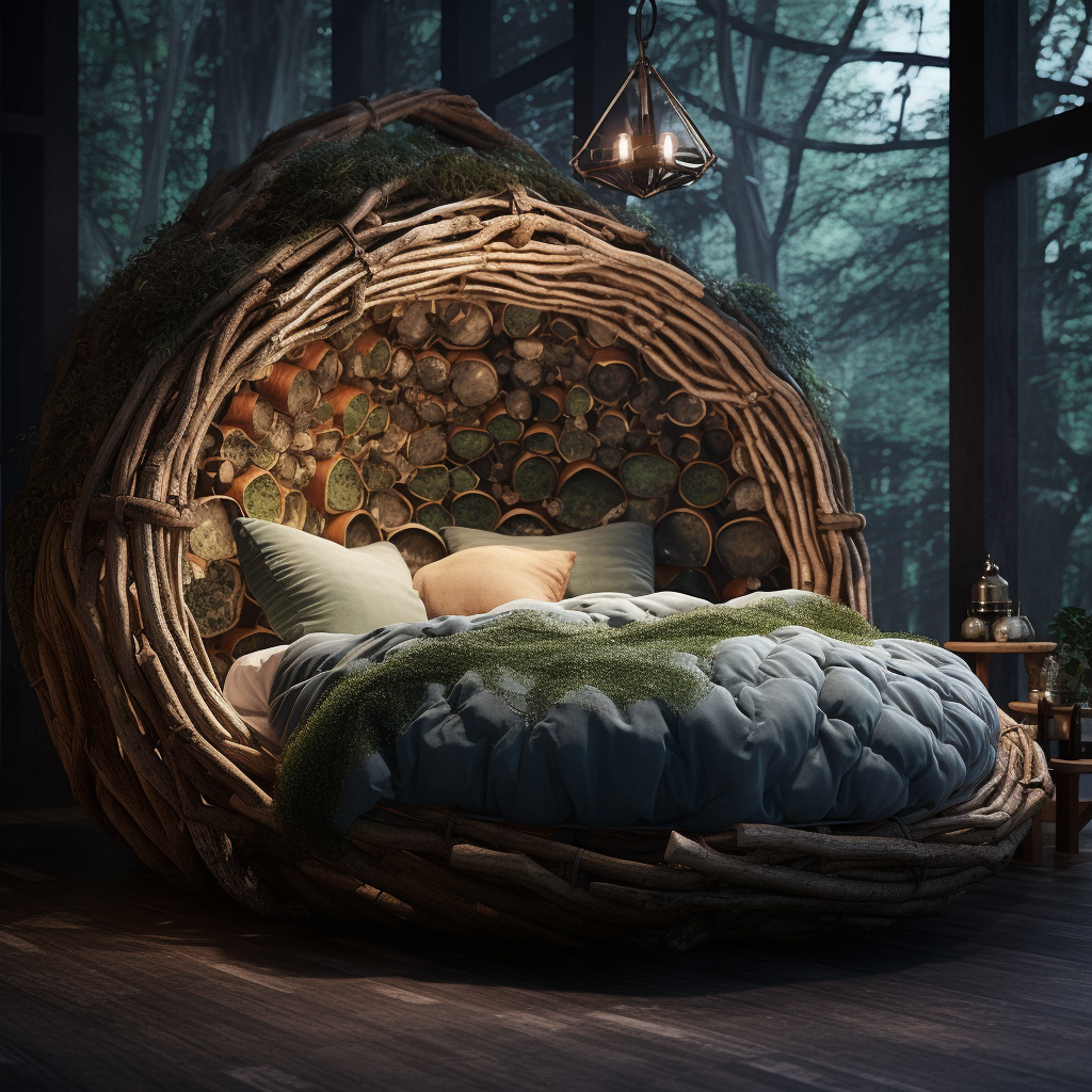 A dreamy bed made out of logs in a wooded area, designed to awaken imagination.