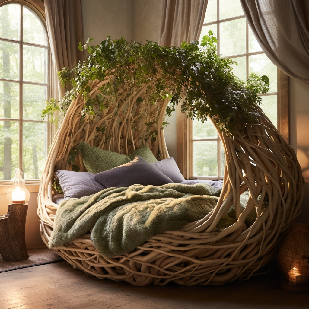 A dreamy wicker bird bed in a room with a window, awakening imagination.