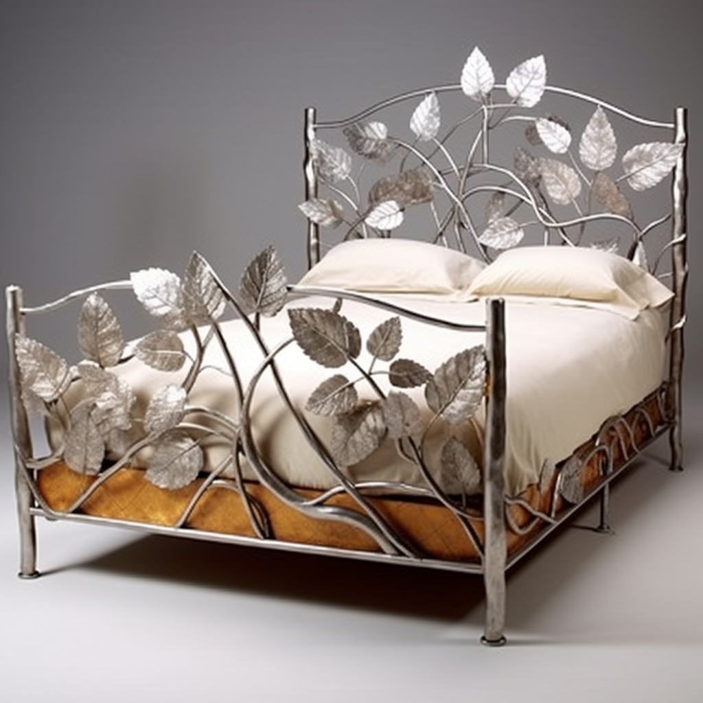A dreamy metal bed adorned with leaves, awakening imagination and bringing a touch of fantasy to any bedroom.