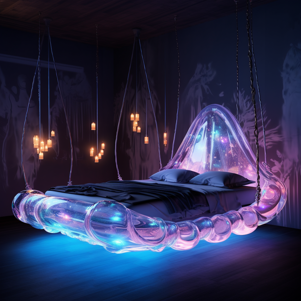 A dreamy floating bed with lights hanging from it, awakening imagination.