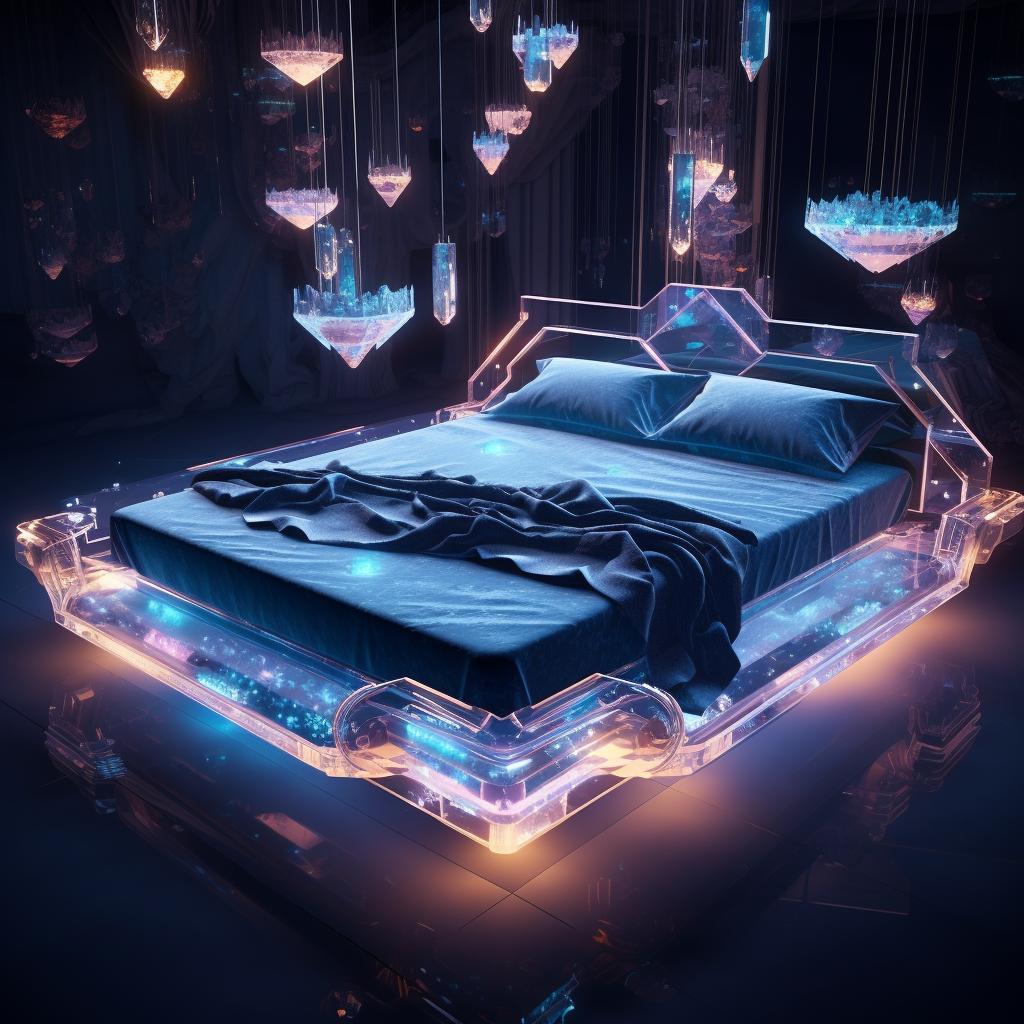 A futuristic bed with crystals hanging from it, featuring a dreamy design that awakens imagination.