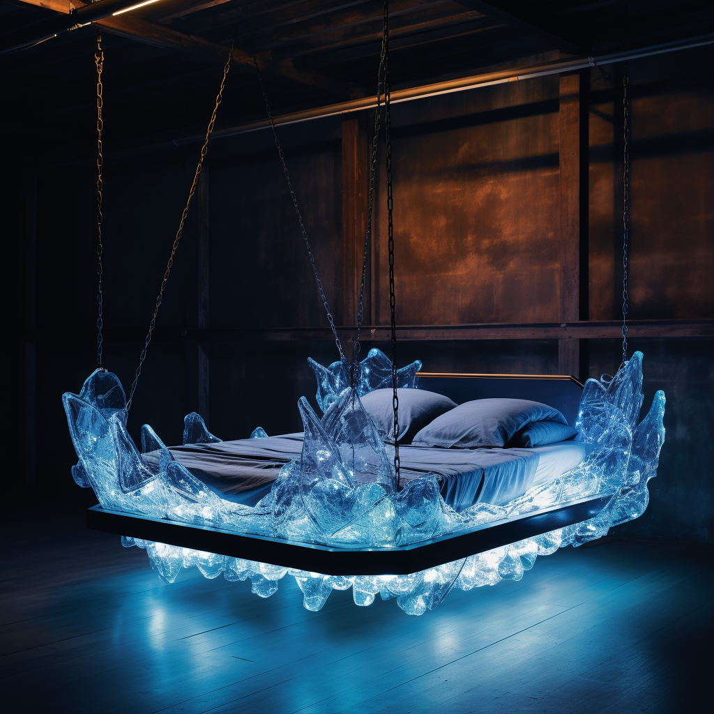 A dreamy bed made of ice hanging from a ceiling, creating a fantasy design that awakens imagination.