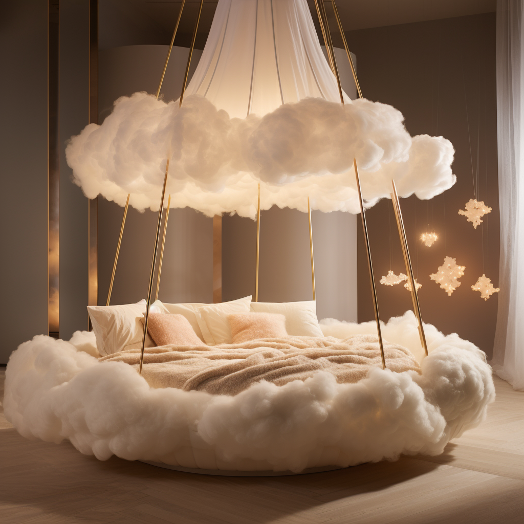 A bedroom with a cloud bed hanging from the ceiling, creating a dreamy design that awakens imagination.