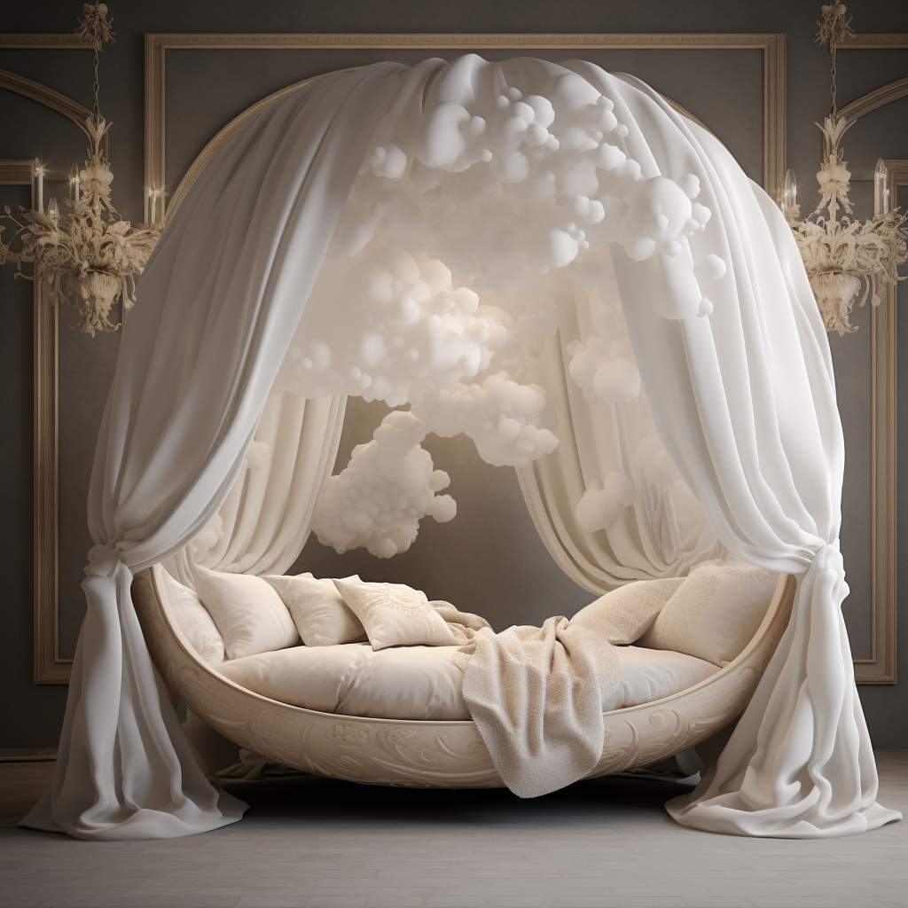 A dreamy bed with a canopy and curtains in a room, perfect for awakening imagination.