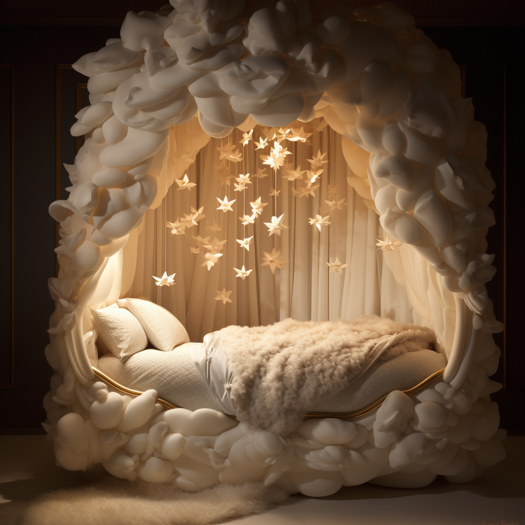 A dreamy bed with a canopy made out of white feathers, awakening imagination.