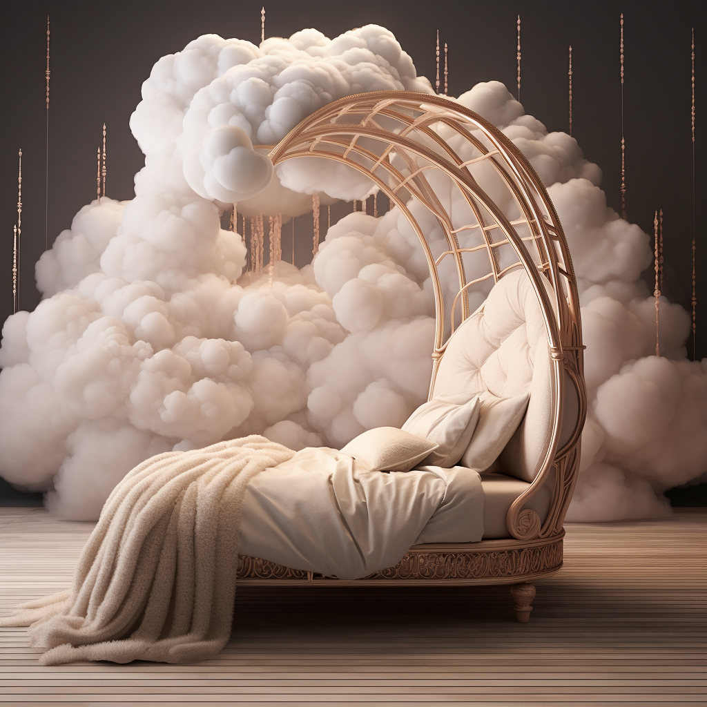 A dreamy bed with a canopy in the middle of a cloud.