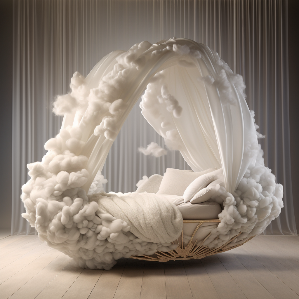 A dreamy bed with a canopy made of clouds, awakening imagination.