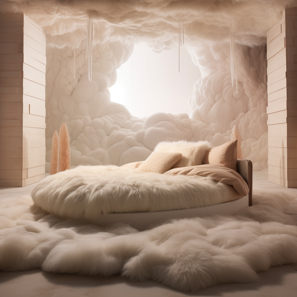 A dreamy room with a fantasy bed surrounded by fluffy clouds.