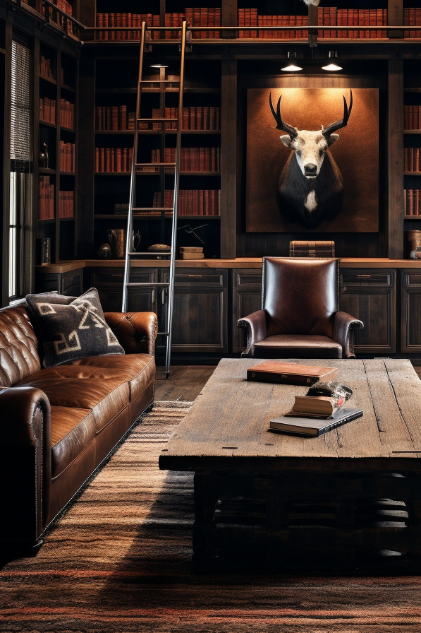 A narrow living room featuring furniture placement with a deer head on the wall.
