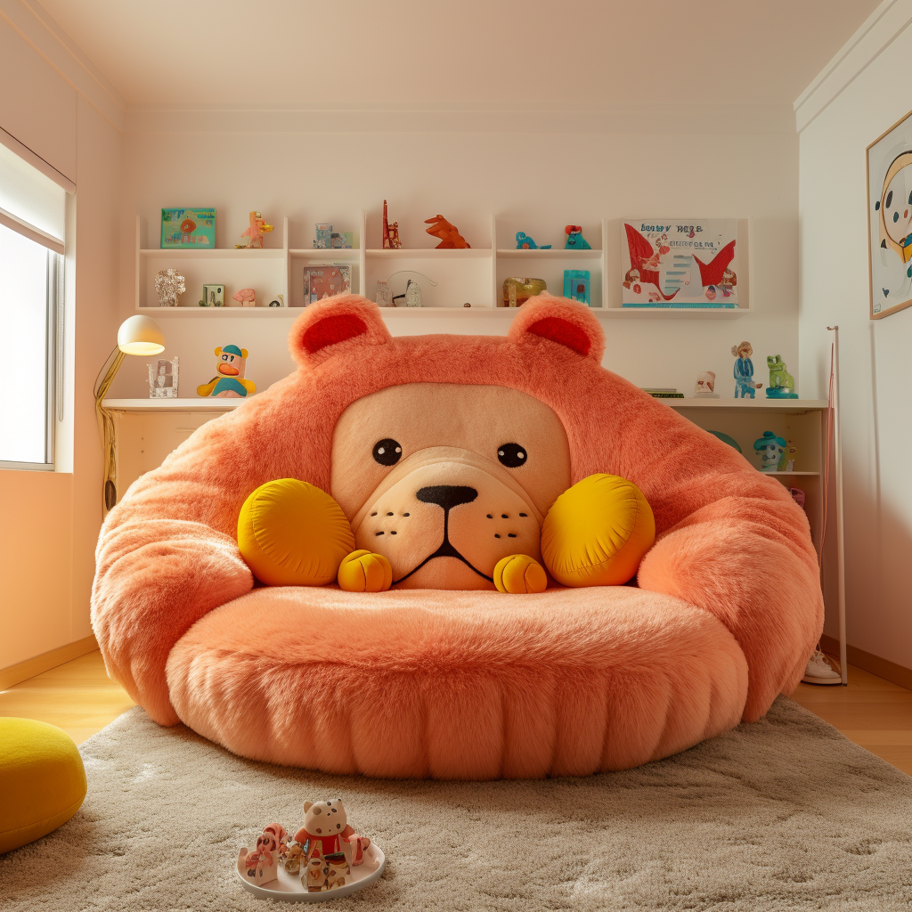 A giant animal-shaped lion sitting on a sofa in a room.