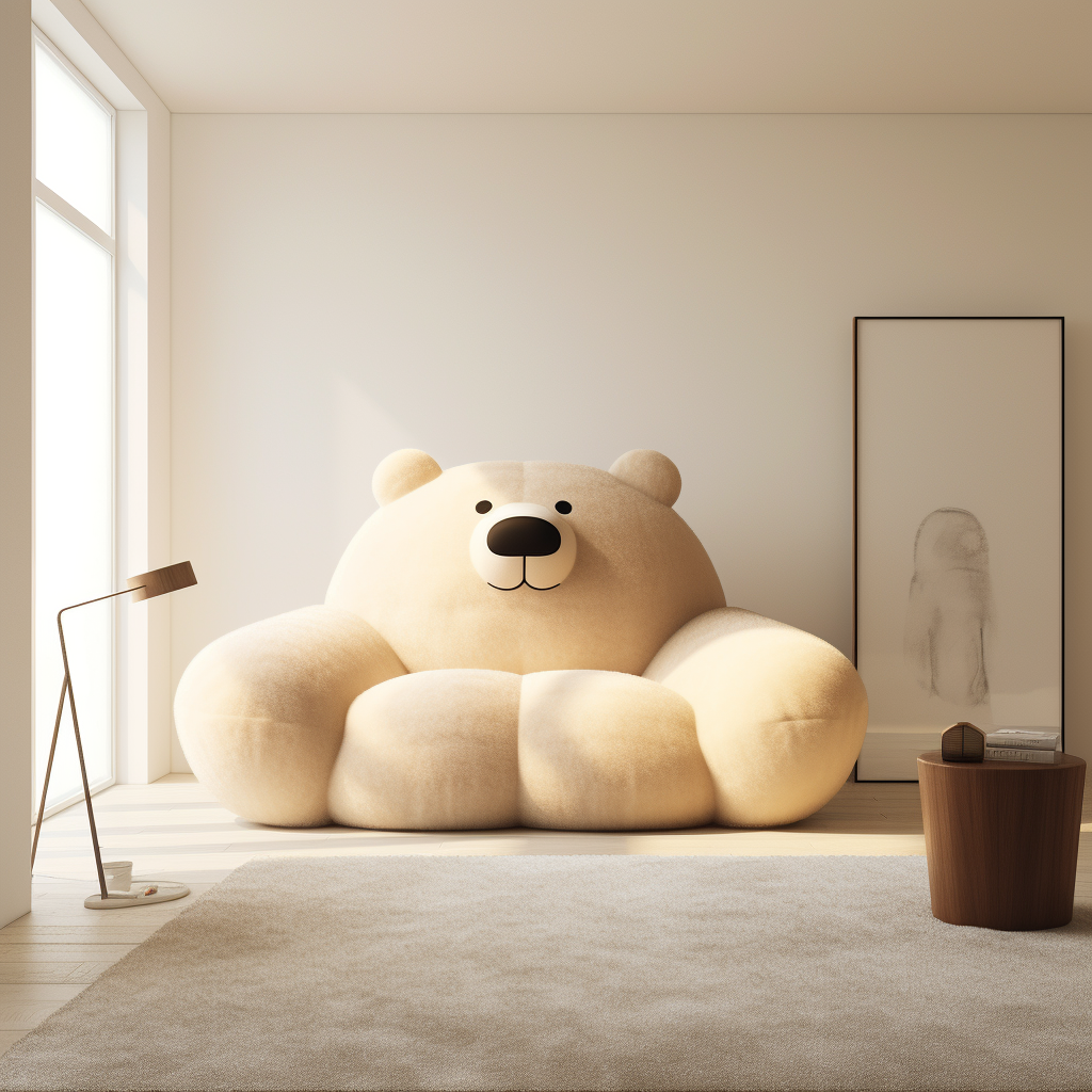 A giant teddy bear sitting on a sofa in a room.