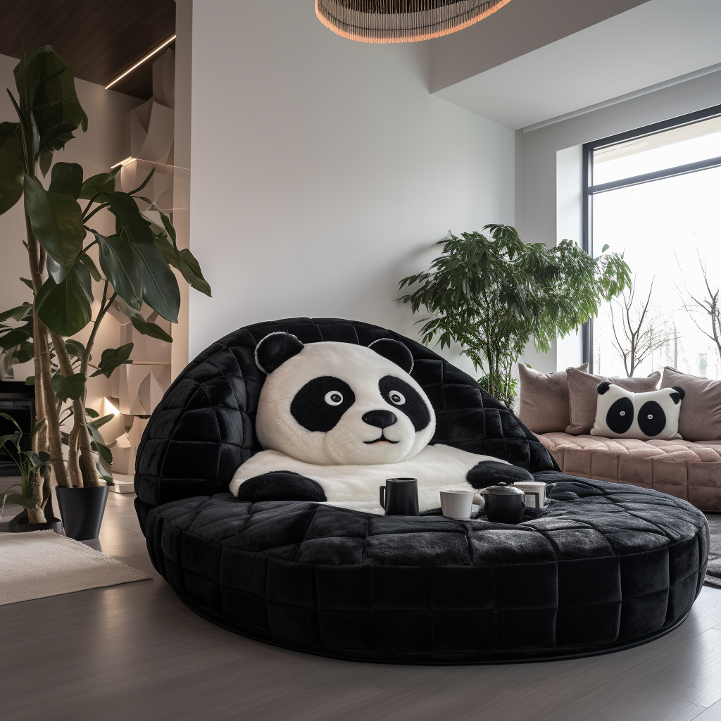 An animal-shaped panda bear sitting on a couch in a living room.