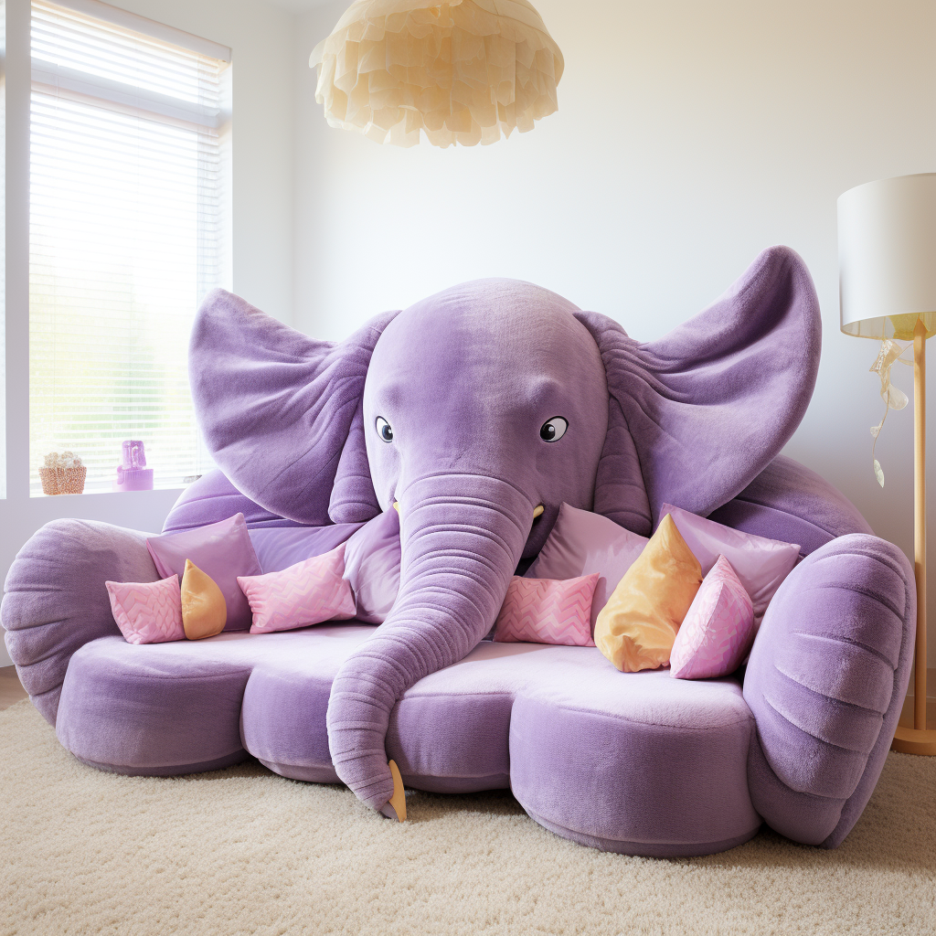 A giant purple elephant sitting on a sofa in a room.