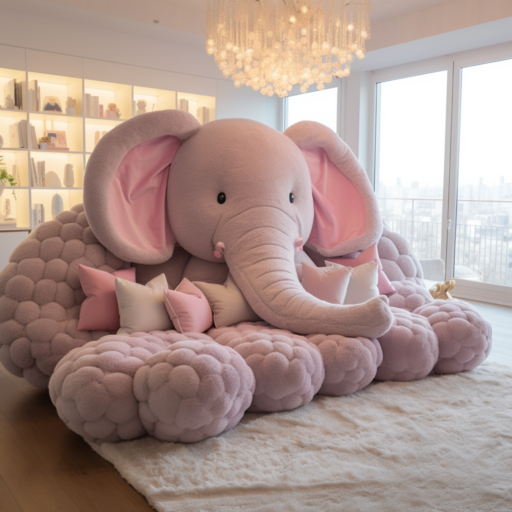A giant pink elephant sitting on a sofa in a living room.