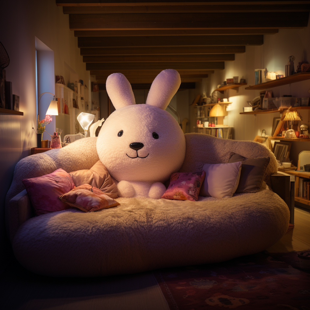 A giant white bunny sitting on a sofa in a room.