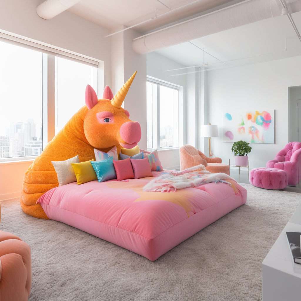 A giant bedroom with an animal-shaped bed.