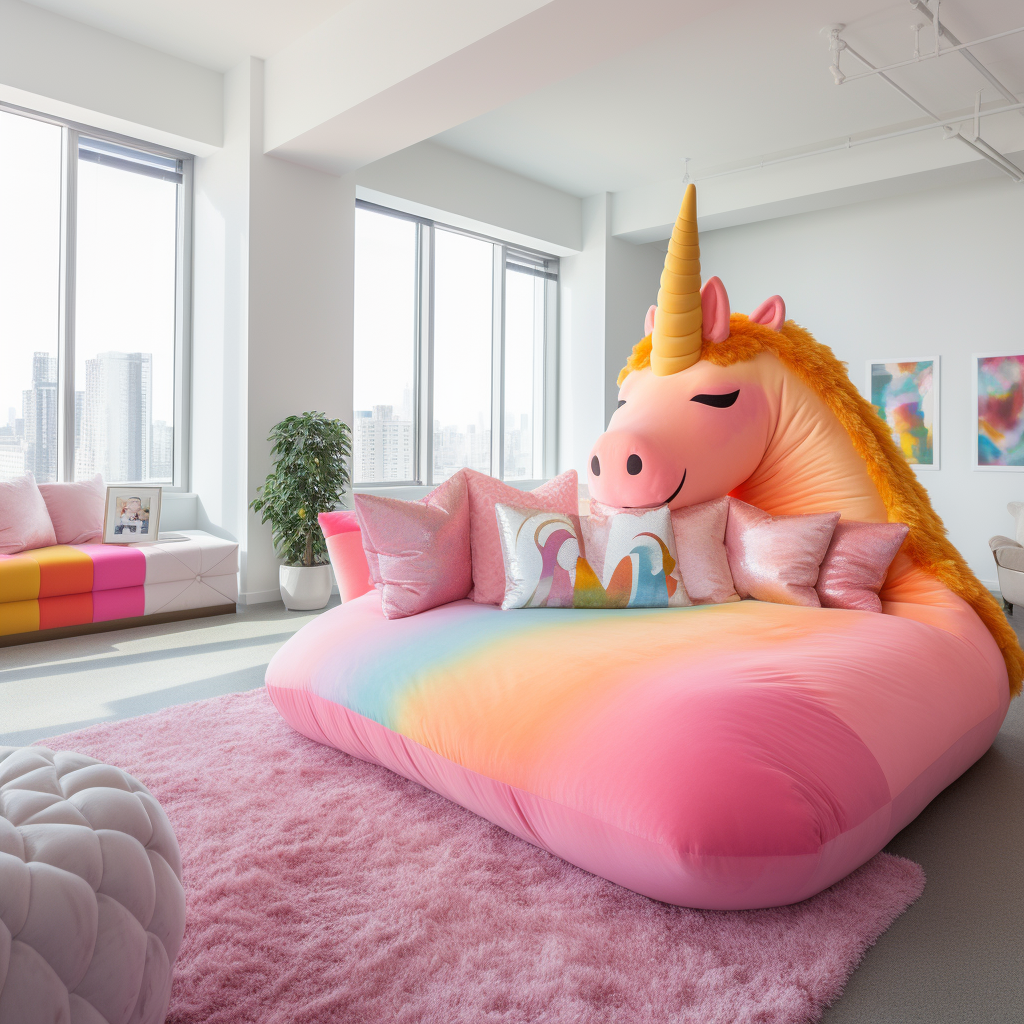 A giant animal-shaped (unicorn) couch in a living room.
