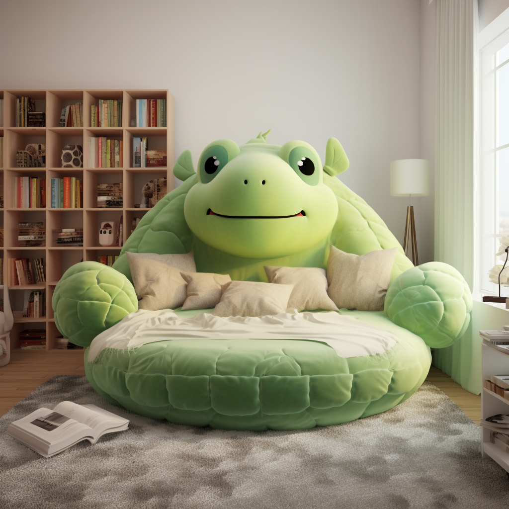 A giant green frog-shaped couch in a bedroom.