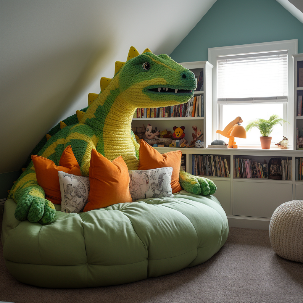 A giant stuffed animal-shaped dinosaur on a bean bag chair.