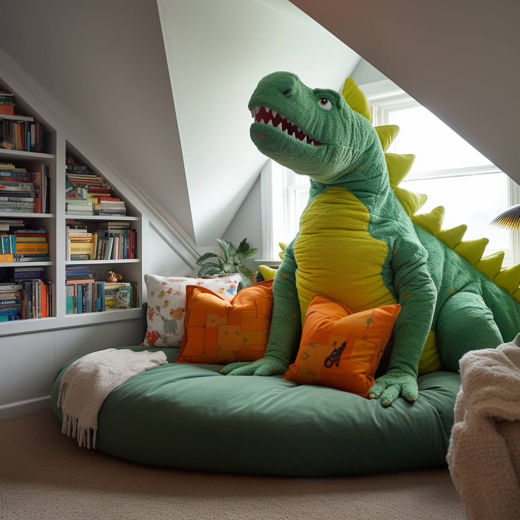 A giant stuffed dinosaur sitting on a sofa in a room.