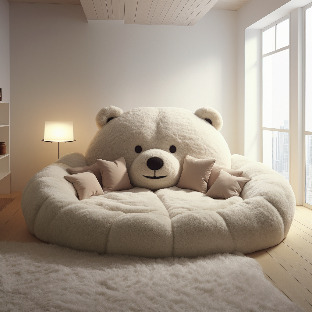 A giant teddy bear shaped couch in a room.