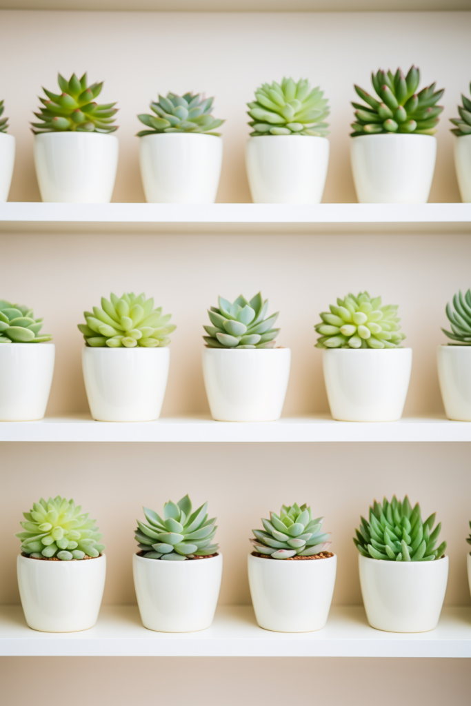 Green succulents in white bowls on a shelf, perfect for home office ideas.