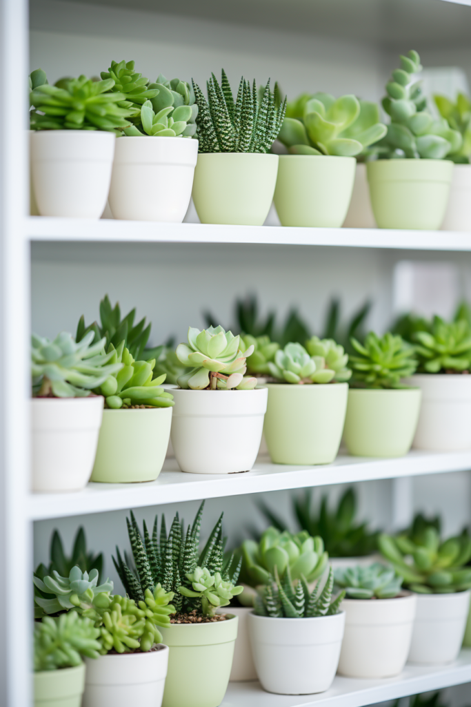 A home office with a shelf full of green potted succulents, inspiring ideas for your workspace.