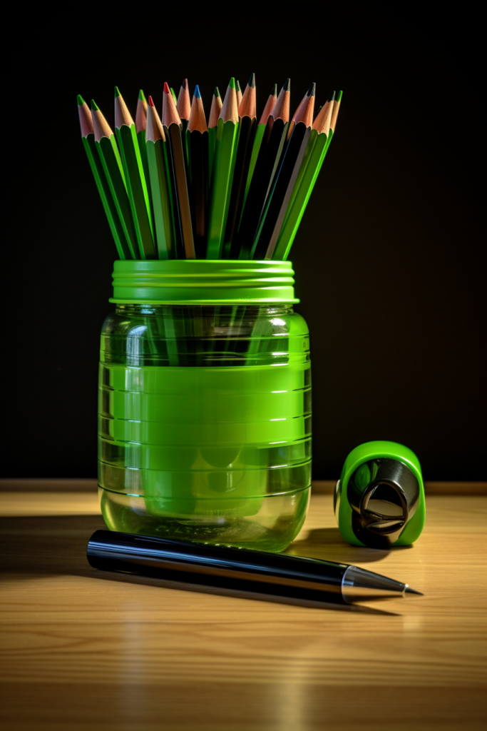 Green pencils in a jar on a wooden table in a home office.
