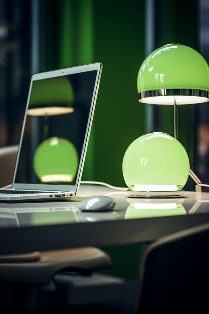 A green lamp illuminating a desk in a home office space, sparking creative ideas.