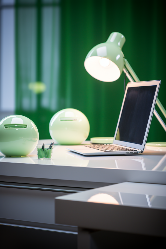A green lamp illuminating a home office desk.