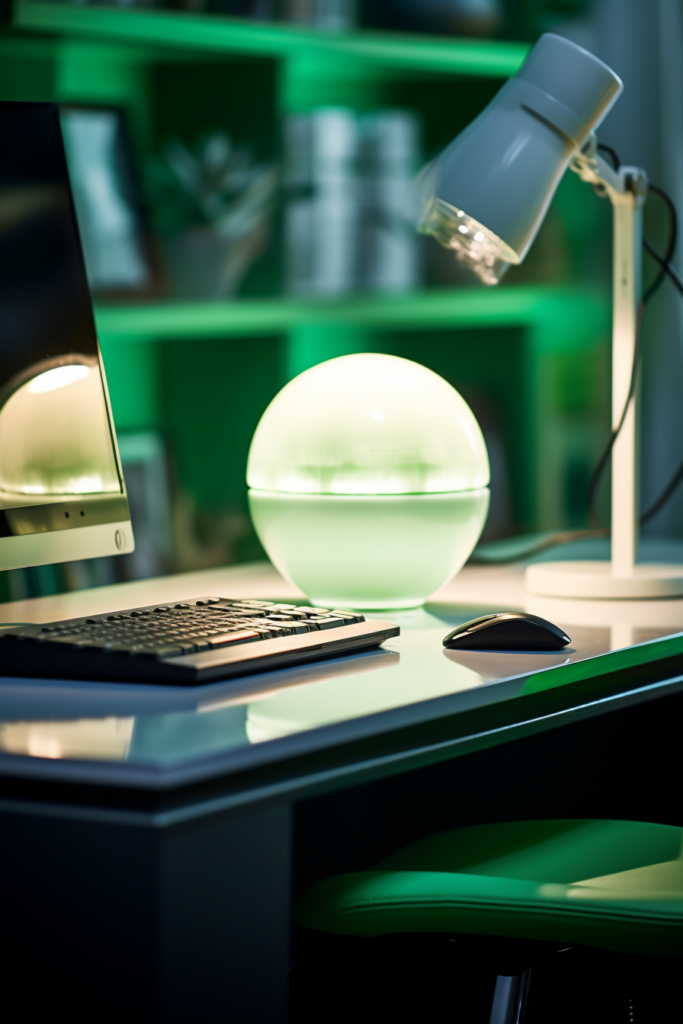 A green lamp illuminating a home office desk with creative ideas.