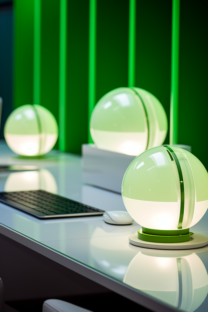 Three green lamps on a desk in a green home office.