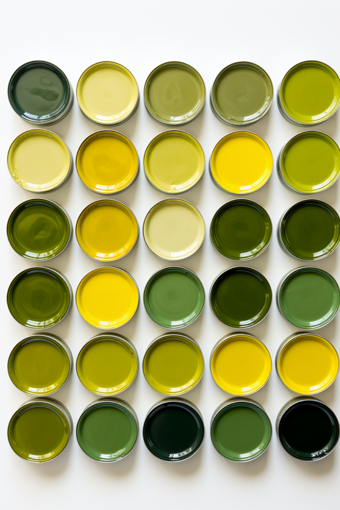 A collection of green and yellow paints for home office decor ideas.