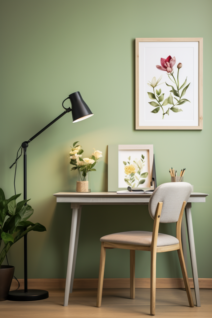 A green desk in a home office adorned with a lamp and framed flowers on the wall.